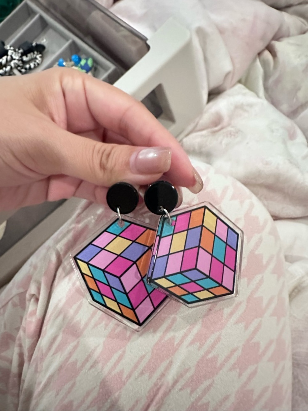 Colorful Rubik Cube Acrylic Drop Earrings